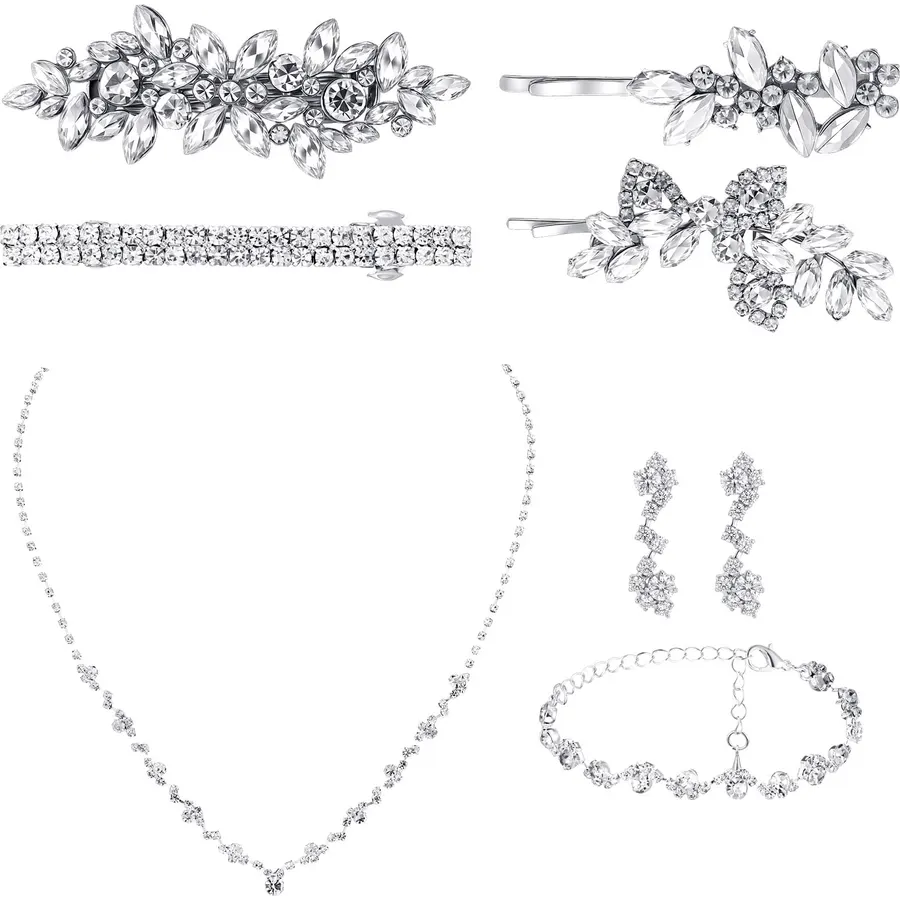 Liliaafar 8 Pcs Crystal Wedding Jewelry Set Women Silver Necklace Earrings Bracelet Hair Pins Gift for Brides Bridesmaid Wife Mother Friend Party Prom Jewelry Accessories (Rhinestone)