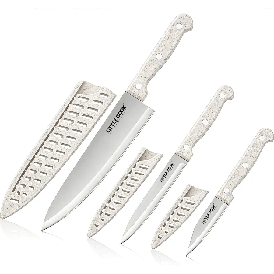 LITTLE COOK 3 Piece Knife Set, Chef Knife Set with Sheaths, Wheat Handle