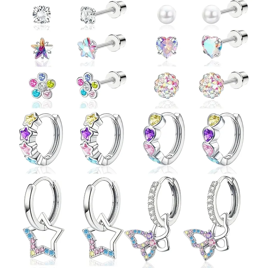 LOFITOR Hypoallergenic Screw Back Stud Hoop Dangle Earrings Set For Girls