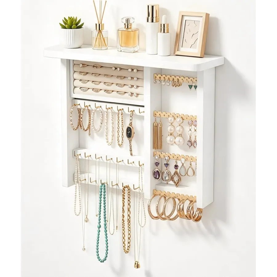 Lolalet Hanging Jewelry Organzier, Wall Mounted Wooden Jewelry Holder-White