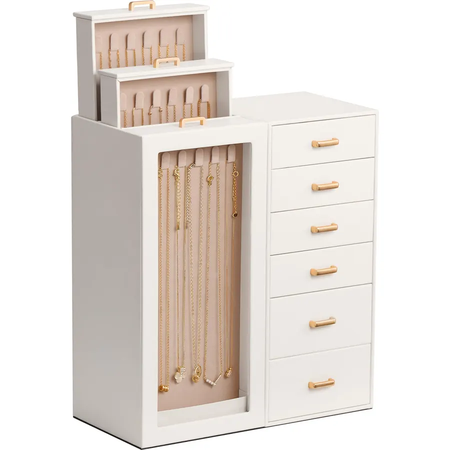 Lolalet Large Jewelry Box Organizer for Women, PU Leather Jewelry Case with Necklace Holder & Multiple Drawers, Tabletop Dresser Storage for Earrings Rings Chains, Gift for Girls -M, Beige