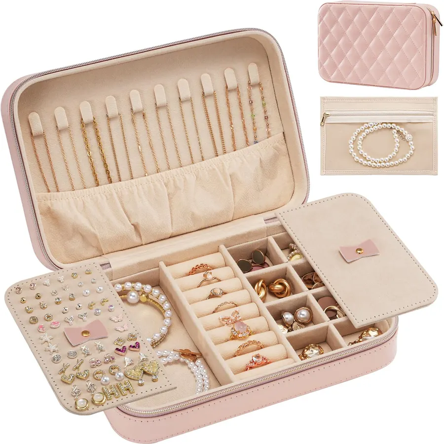 Lolalet Travel Jewelry Case with Clear Bag for Women Girls -Medium/Beige