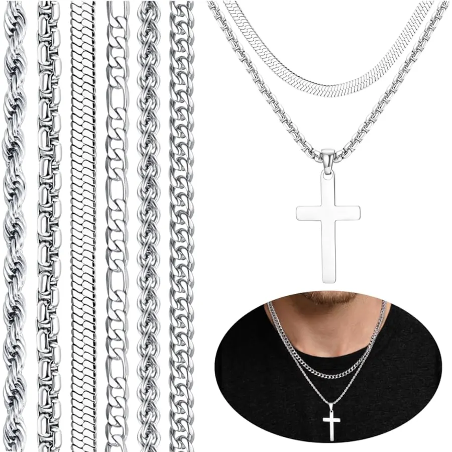 LOYALLOOK Silver Chain for Men Women Stainless Steel Cross Necklace for Men