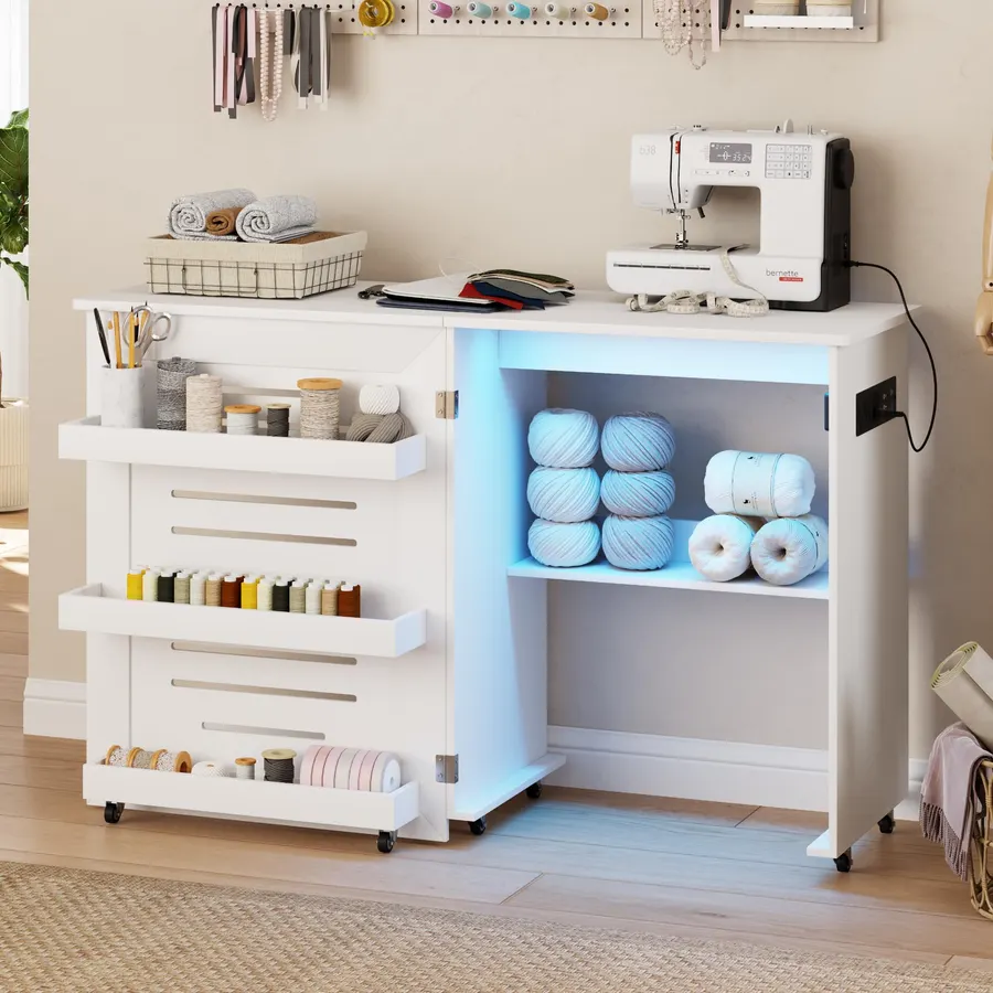 Lvifur Lighted Folding Sewing Table - with Charging Station, Sewing Cabinet with Storage, Farmhouse Sewing Desk with Motion Sensor Lights, Cutting Table with 3 Storage Trays,6 Wheels,White