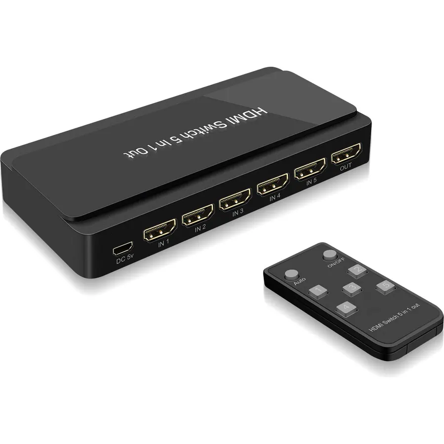 LVY HDMI Switch, 5 in-1 Out HDMI Selector Box with IR Remote Control Support 4k * 2k Ultra HD and 3D with IR Remote HDCP 1.4 for Xbox, PS4/PS5, Fire Stick, Roku, Apple TV, Blu-ray Player etc.