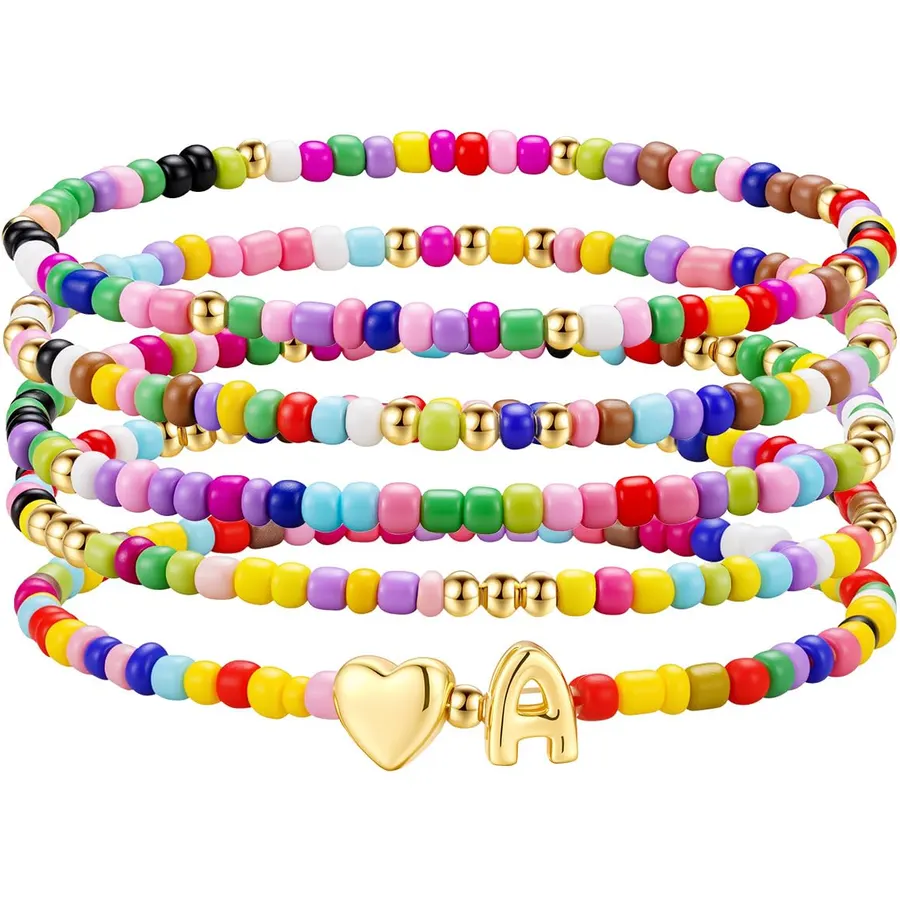 M MOOHAM Gifts for Girls Kids - 5PCS Colorful Beaded Initial Girls Bracelet