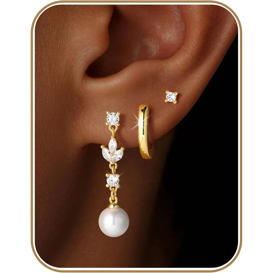 M MOOHAM Pearl Earrings for Women, 14K Gold Plated Pearl Drop Earrings