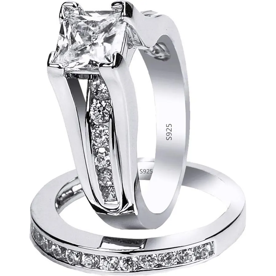 MABELLA 925 Sterling Silver CZ Princess Cut Women's Wedding Engagement