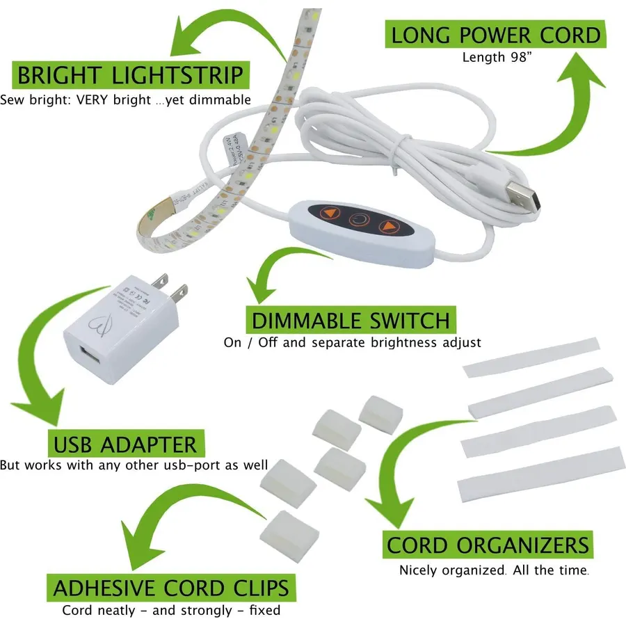 Madam Sew LED Sewing Machine Light Strip with USB Dimmer | 12-Inch Trimmable Flexible Strip Stick On Sewing Light, 24 Daylight LED at 6500K with 3 Adhesive Clips | Fits Most Sewing & Quilting Machines
