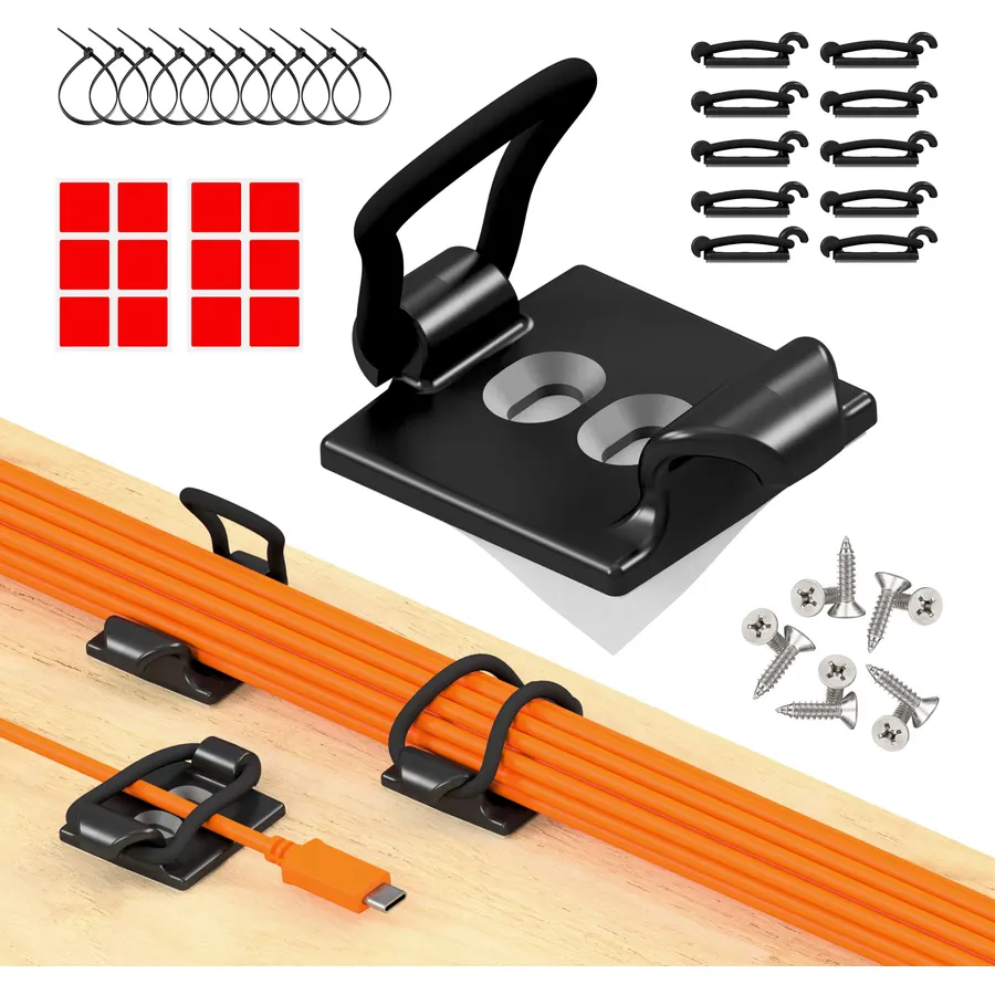 [Made in the UK] 10-Pack Adjustable Elastic Adhesive Cable Clips, Wire Management Holder, Cord Organizer for Home Office, Under Desk, Behind TV, Phone Charger, Laptop, PC, HDMI, USB (Black)