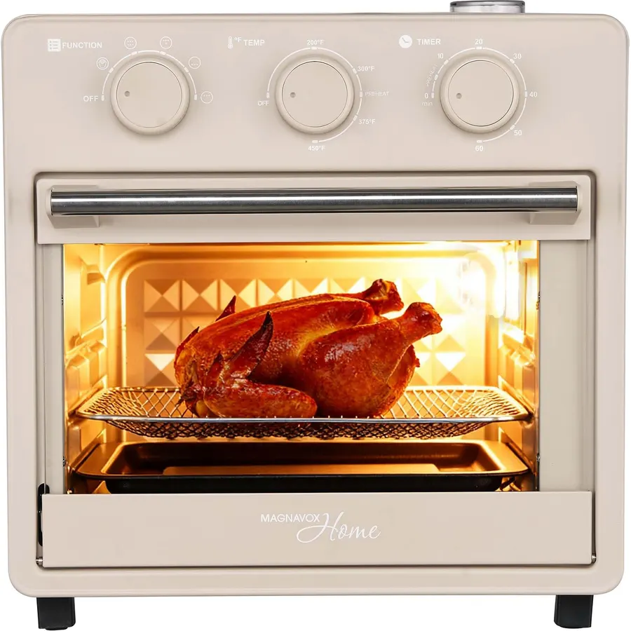 Magnavox Home, 16.5 qt Air Fryer Oven, With Steam Infusion, Cream, Convection Countertop Oven, 6 Cooking Functions, 200–450°F Temperature Control, Interior Light, Fry Basket & Baking Tray Included