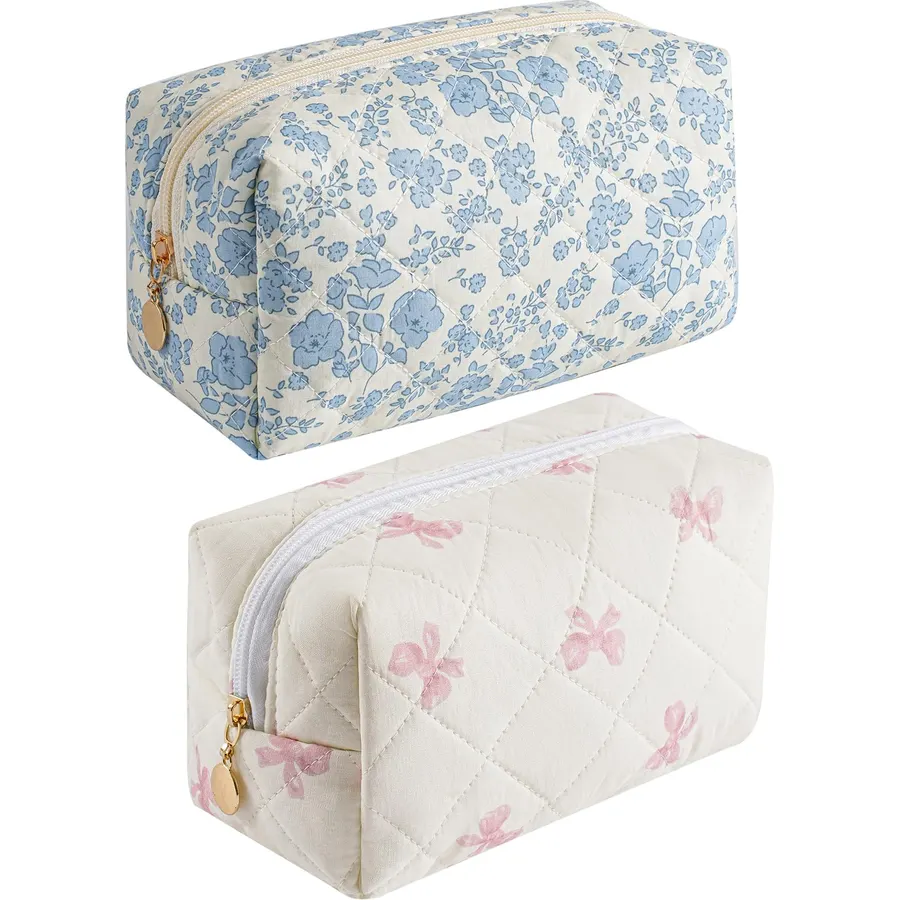 Makeup Bag Travel Cosmetic Bag for Women Girls, Zipper Make Up Pouch, Floral Flowers Toiletry Organizer Makeup, Portable Storage Cosmetic Travel Cloth Bag (Blue Floral+Pink Bow Tie)