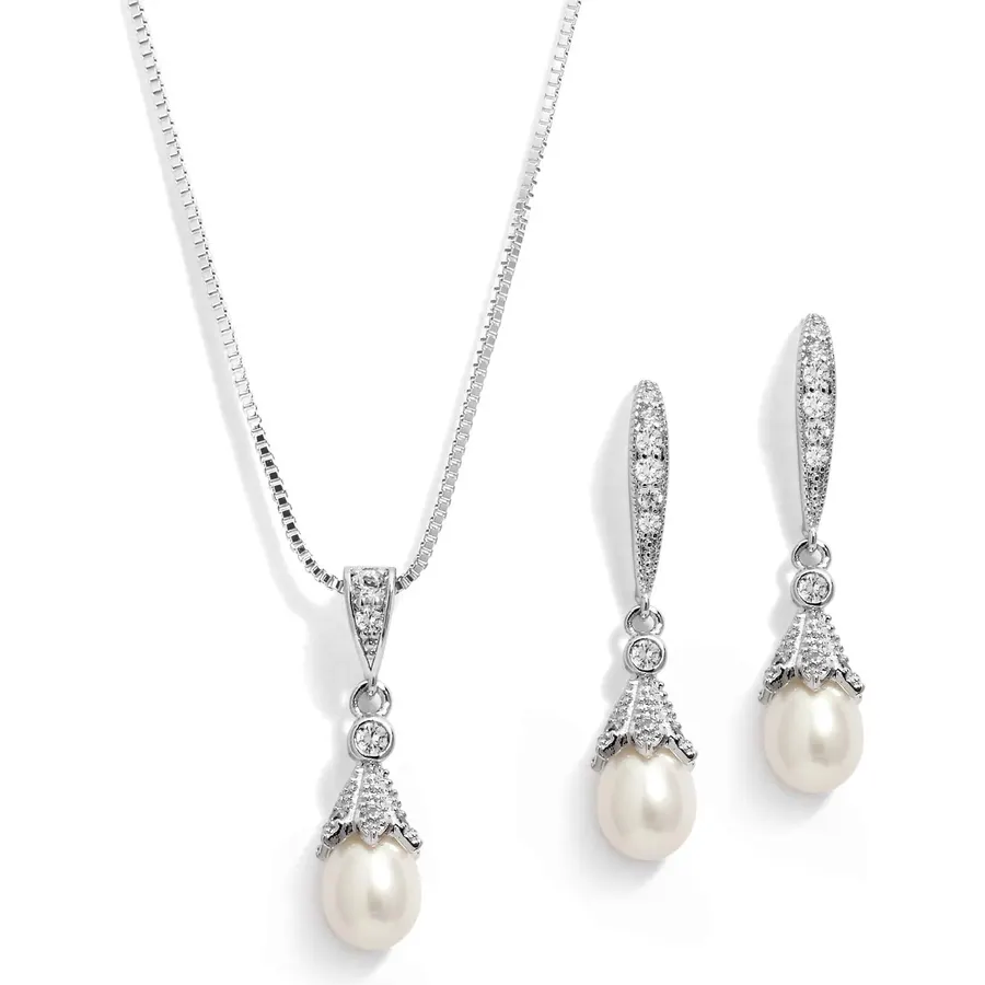 Mariell Wedding Necklace & Earrings CZ Jewelry Set with Dainty Freshwater Pearl for Bridesmaids & Brides