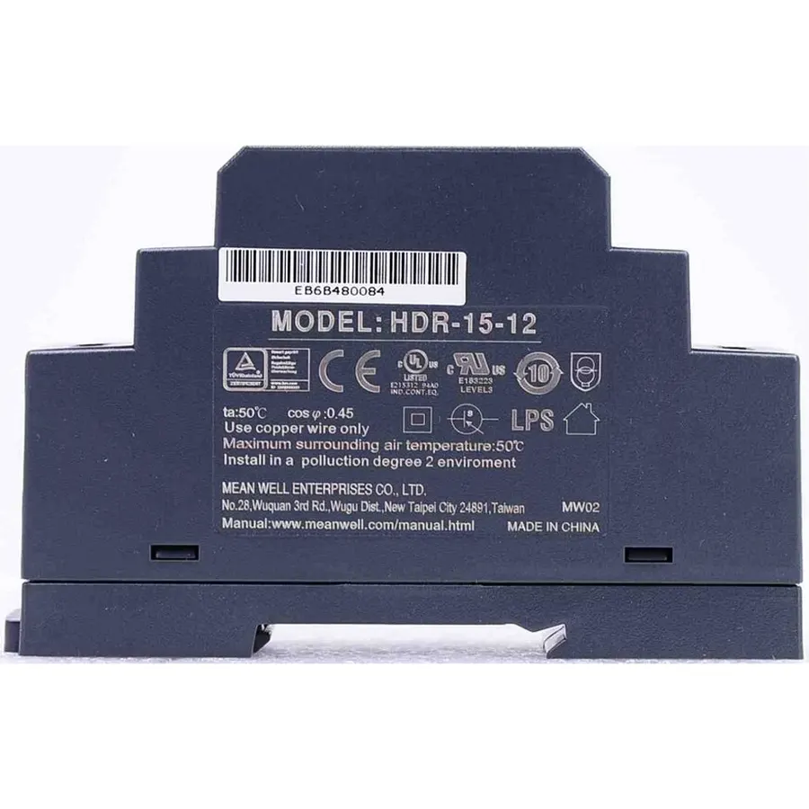 MEAN WELL Ultra Slim Step-Shape 1SU DIN Rail Power Supply, 12V 1.25A 15W - HDR-15-12