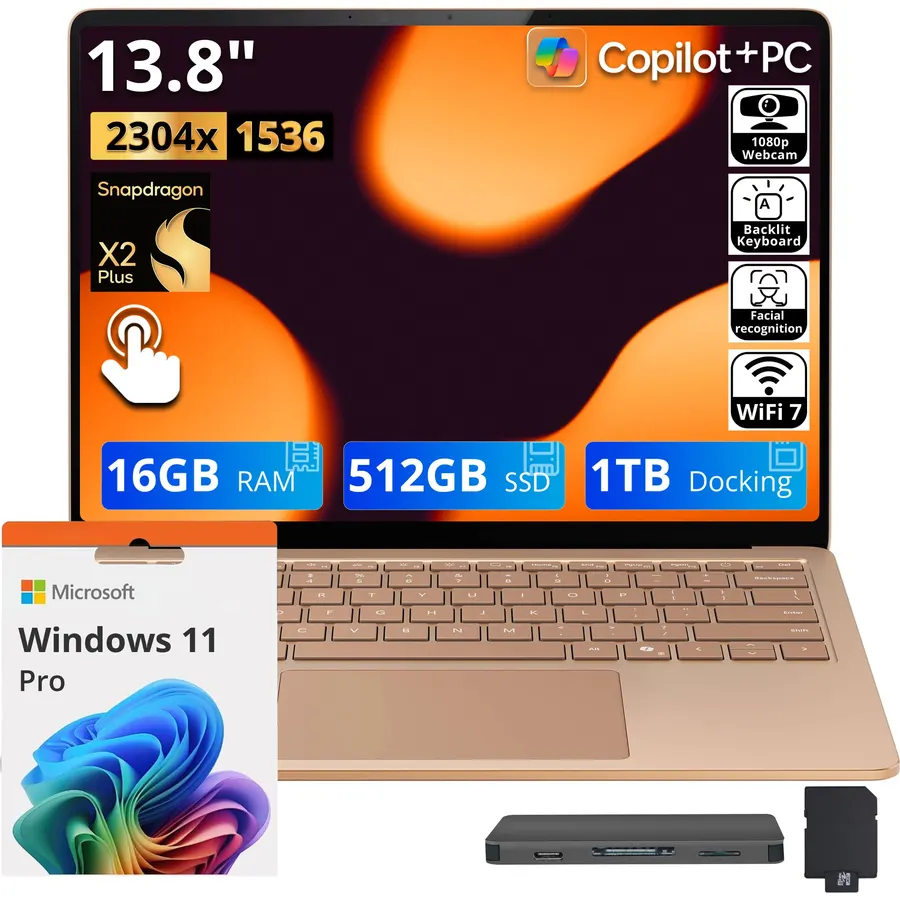 Microsoft Surface 13.8" 2K Touch Laptop, Snapdragon X2 Plus, 16GB LPDDR5X, 1.5TB Storage(512GB SSD+1TB Docking Station Set), Adreno Graphics, Backlit Keyboard, Copilot+ PC, Wi-Fi 7, Win 11 Pro, Dune