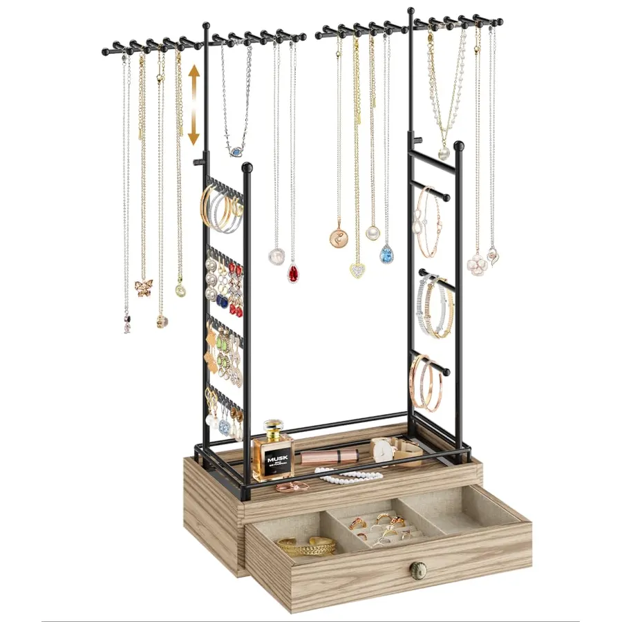 MODOWEY Metal Earring Holder Organizer Necklace Stand with Wood Drawer, Oak