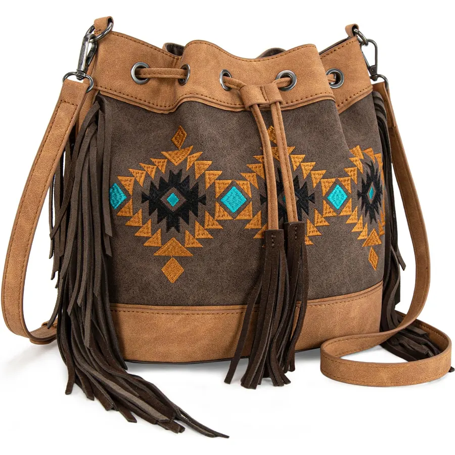 Montana West Aztec Bucket Bags for Women Western Fringe Crossbody Bag Ladies Vintage Drawstring Bucket Bag