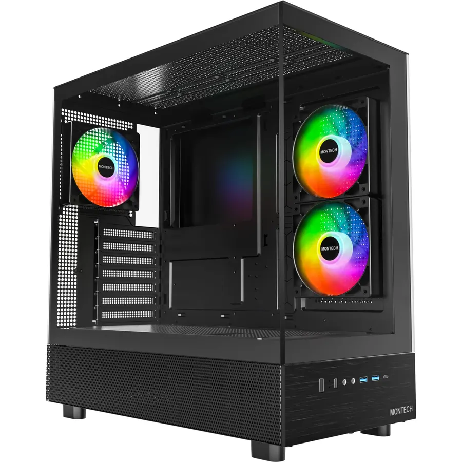MONTECH XR Panoramic ATX Gaming PC Case, Mid Tower, 3 ARGB PWM Fans, Black