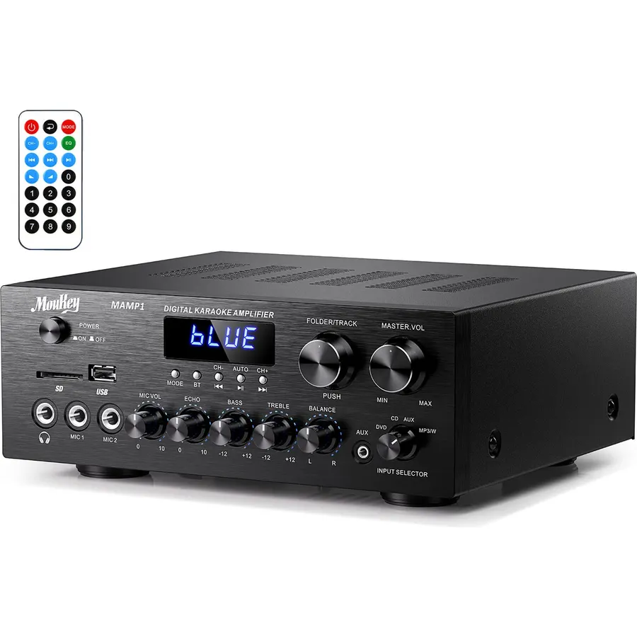 Moukey Stereo Receivers with Bluetooth 5.0, 2.0 Channel Power Audio Amplifier Stereo System w/USB, SD, AUX, RCA, MIC in w/Echo, LED for Karaoke, Home Theater Speakers, 400W Peak, 25W× 2 RMS- MAMP1