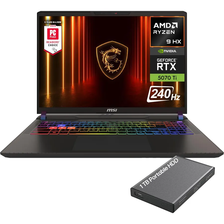 msi Vector 16 HX AI 16" 240Hz QHD+ Gaming Laptop, AMD Ryzen 9 8940HX, NVIDIA Geforce RTX 5070Ti 12GB GDDR7, 32GB DDR5 RAM, 1TB SSD, Thunderbolt 4, Wi-Fi 7, RGB Backlit, Win 11, w/1TB Portable HDD