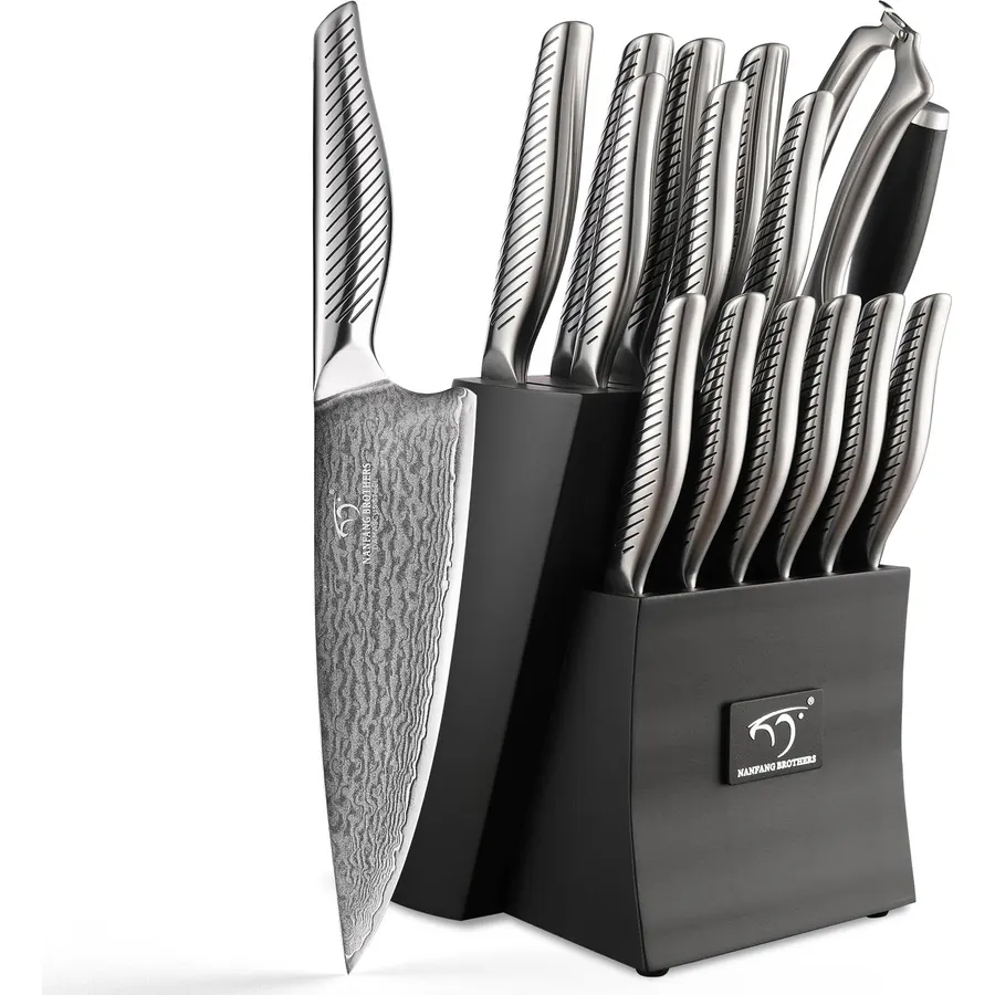 NANFANG BROTHERS® 16 Pieces Damascus Kitchen Knife Set, High Carbon Damascus Steel Chef Knife Set, Stainless Steel Ergonomic Handle for Chef, with Built-in Sharpening Rod