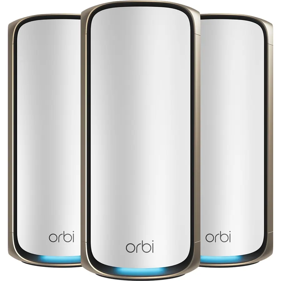 NETGEAR Orbi 970 Series Quad-Band WiFi 7 Mesh Network System (RBE973S), Router + 2 Satellite Extenders, Security Features, Up to 27Gbps, Covers Up to 10,000 sq. ft., 200 Devices, 10 Gig Internet Port