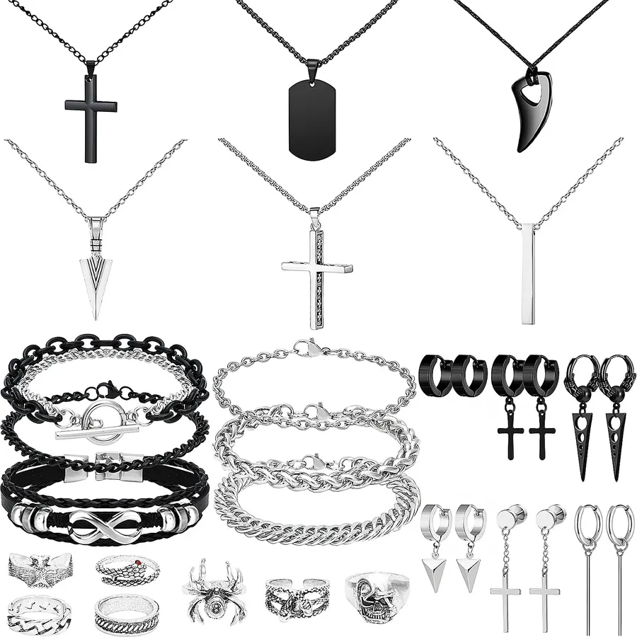 NEWITIN 15 Pieces Silver Jewelry Set for Men Stainless Steel Cuban Link Necklace Bracelet Cross Pendant Necklace Vintage Ring Cuban Jewelry Set for Men Women