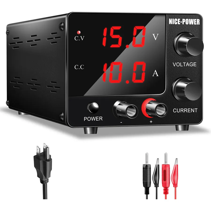 NICE-POWER DC Power Supply Variable 0~30V 0~10A, 3-Digits LED Display Current and Voltage Adjustable 150W Fixed with Encoder DC Bench Power Supply 15V 10A/30V 5A,Electroplating DIY etc PSU