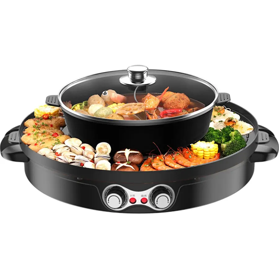 Non-stick Hotpot Pot with Grill, 2200W Electric Shabu Shabu Hot Pot Korean BBQ Grill, Multi-function BBQ Hotpot Machine for Family and Friends Gathering