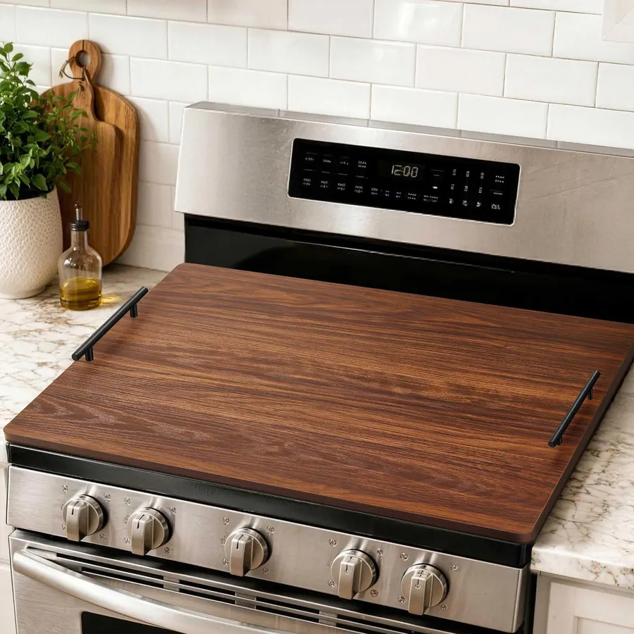 Fun Memories Noodle Board Stove Cover - Bamboo Wood Top Covers for Electric and Gas Sink RV 30 inL x 22 inW x 2.5 inTh Raised Cutting with Legs Juice Grooves XXX-Large, Bamboo Walnut Color