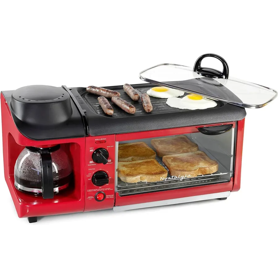 Nostalgia 3-in-1 Breakfast Station - Includes Coffee Maker, Non-Stick Griddle, and 4-Slice Toaster Oven - Versatile Breakfast Maker with Timer - Red