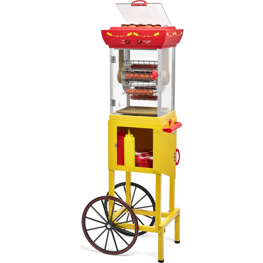 Nostalgia Oscar Mayer Hot Dog Ferris Wheel - Retro Style Hot Dog Roller Cart Toaster - Classic 6-Piece Grill Machine with Bun Warmer, Push Handle, Wheels, Transparent Housing, Storage Compartment