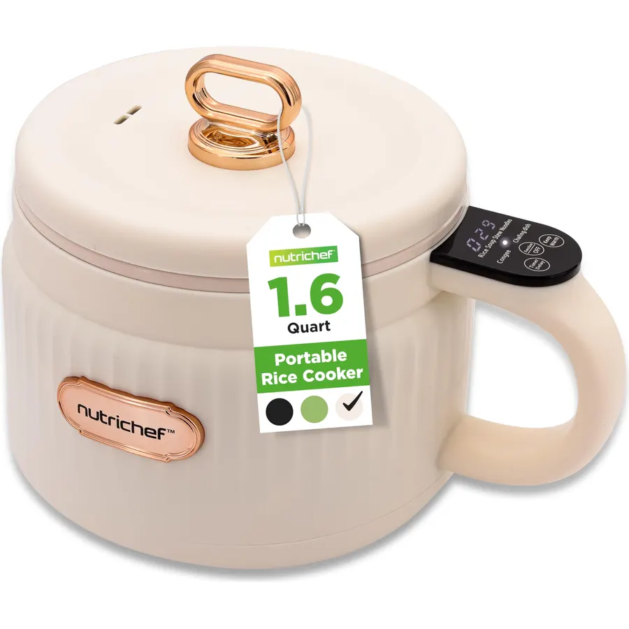 NutriChef 1.6 QT Portable Electric Rice Cooker & Lunch Maker | Multi-Functional & Non-Stick Ceramic Coating | Digital Control Panel | 6 Cook Functions: Rice, Soup, Stew, Porridge & More | White