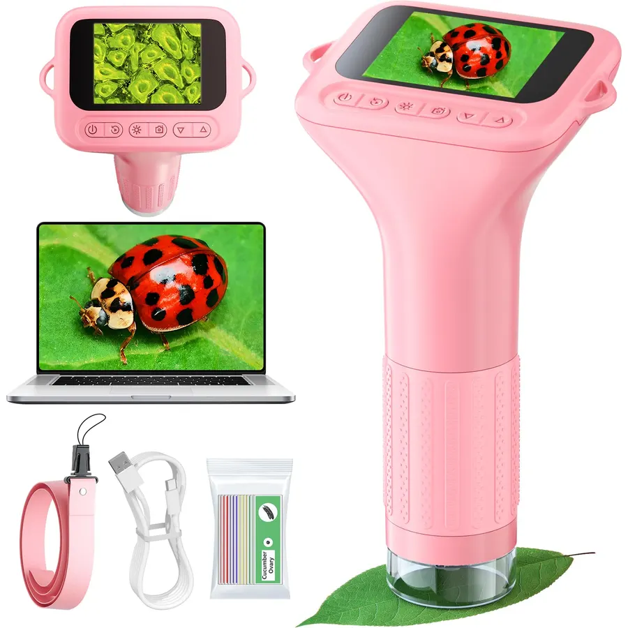 Odatay 1000X Digital Kids Microscope Kit with 12 Slides & 2" Screen, Pink