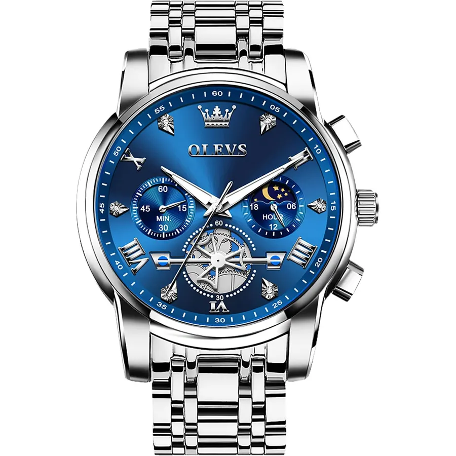 OLEVS Men's Stainless Steel Chronograph Watch, Large Face Easy to Read Roman Numerals Diamond Accented Analog Dress Watches for Men, Elegant Waterproof Luminous Male Quartz Wristwatch