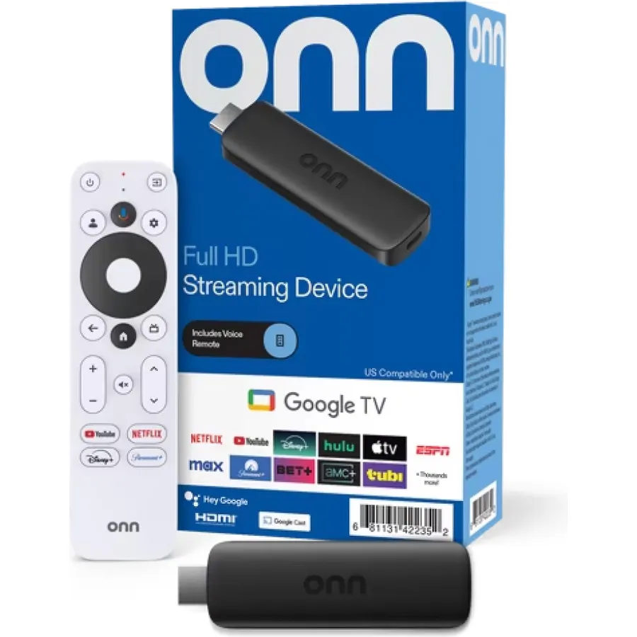 ONN Android TV 2K FHD Streaming Stick with Remote Control & Power Adapter WiFi HDMI Chromecast Built-in