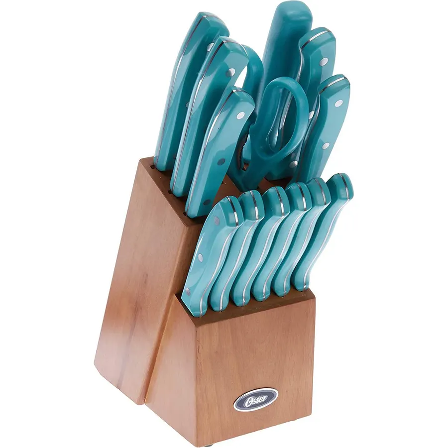 Oster Evansville 14 Piece Stainless Steel Cutting Kitchen Knife Cutlery Set with Wooden Block Holder and Knife Sharpener, Turquoise
