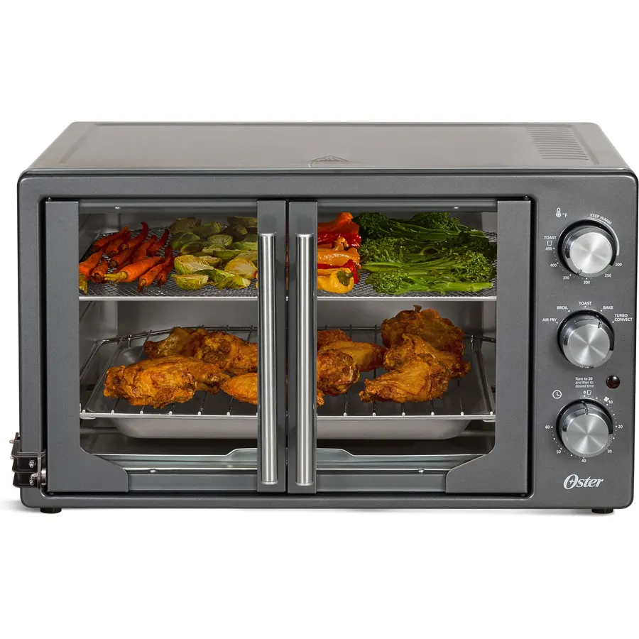 Oster Extra-Large 42L French Door Countertop Toaster Oven, 6-in-1 Air Fryer Oven with Air Fry Rack, Wire Rack, Baking Pan and Crumb Tray, Stainless Steel
