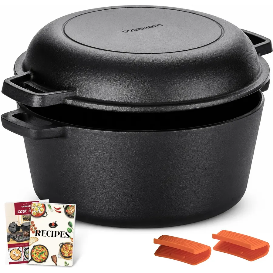 Overmont 5QT Double Dutch Oven - 2-in-1 Pre-Seasoned Cast Iron Pot & Recipe