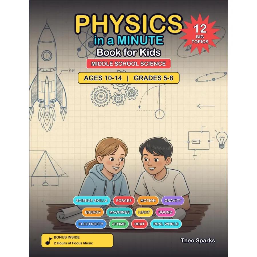 Physics in a Minute Book for Kids: Middle School Science Edition: A Deeper Comic Guide to Physics with Real Experiments, Diagrams and Big Ideas for Grades 5-8 (Ages 10-14)