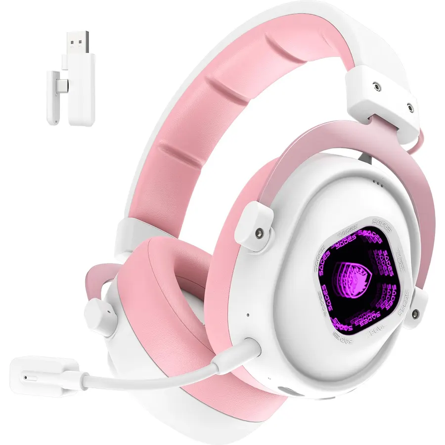 Pink Wireless Gaming Headset for PS5 PC PS4,Tri-Mode,Dual Mic,RGB Lights