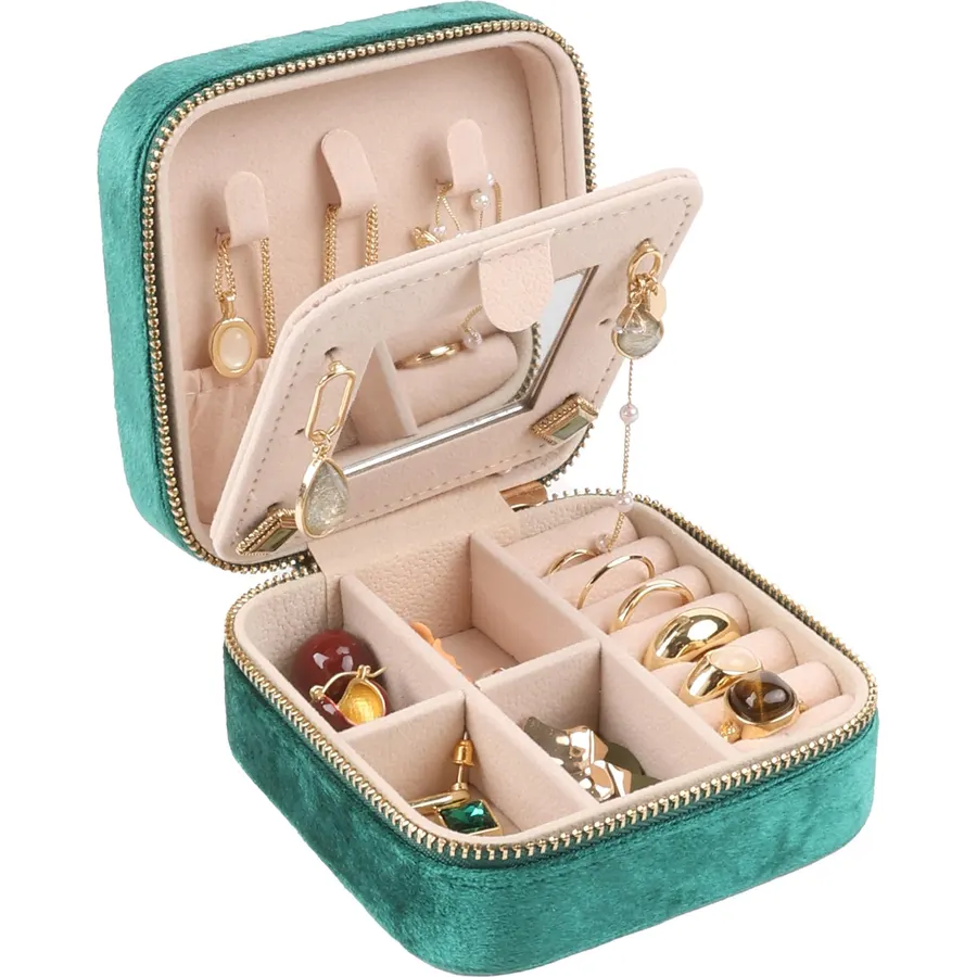 Plush Velvet Travel Jewelry Box,Case with Mirror,Girls,3.9x3.9”,Green,1 Pcs