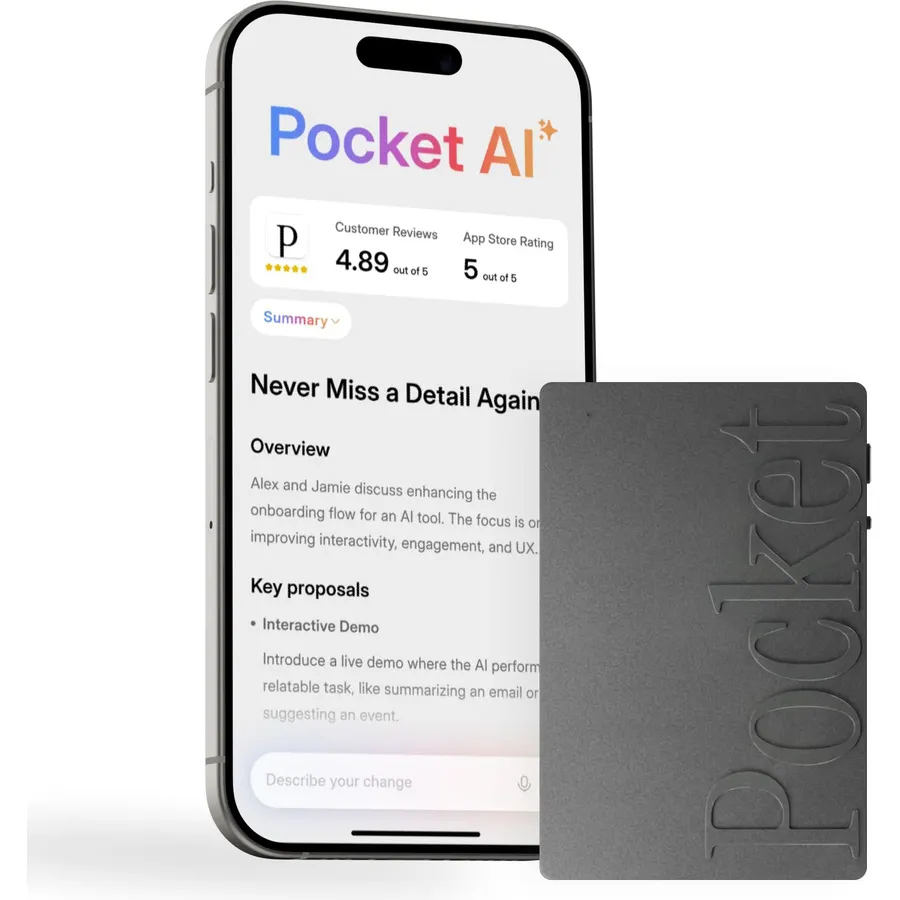 Pocket AI Voice Recorder, Auto Transcription, AI Note Taker, Space Grey