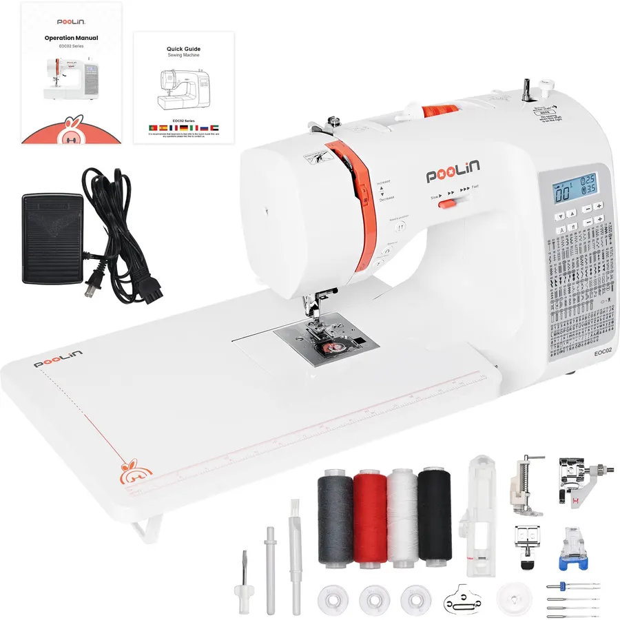 PooLin EOC02 Computerized Sewing Machine,Easy Home Sewing Machine with 200 Stitches,7 Feet,LCD Screen,Wide Table,Friendly Sewing Machines for Beginners,Gifts for Mother Wife,Automatic Needle Threader