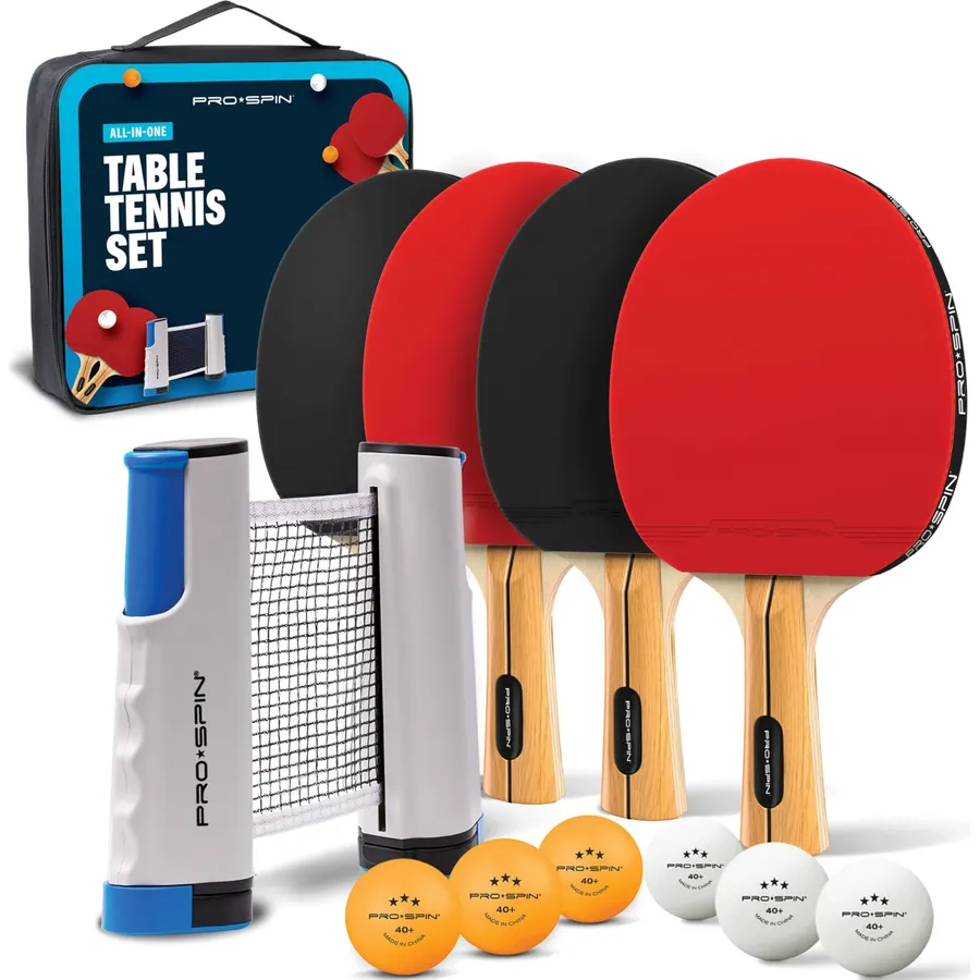 PRO-SPIN Portable Ping Pong Set with Retractable Ping Pong Net for Any Table, All-in-One Table Tennis Set with Ping Pong Paddles, Balls & Case, Table Top Family Game