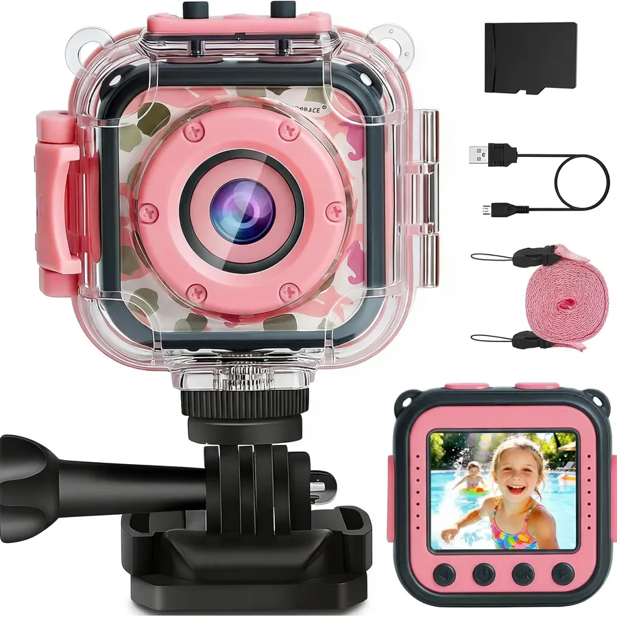 PROGRACE Kids Waterproof Camera, IP68 Video Camera Birthday Gift Girls 3-12
