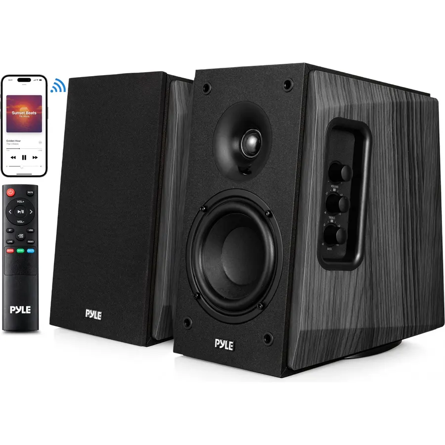 Pyle Powered Bookshelf Speaker System with Bluetooth, 80W Active Stereo Speakers, Bass Reflex Natural Wood Cabinet, Hi Def ARC, Optical, Coax, Subwoofer Out, for Entertainment, Studio (Pair)