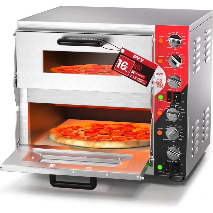 PYY 16" Indoor Electric Double Decker Pizza Oven w/Pizza Stone for Restaurant Home,Countertop Pizza Oven with 60-min Ring Timer, Commercial Pizza Oven with 4 Large Heat Tube, 3200W, ETL listed,Grey