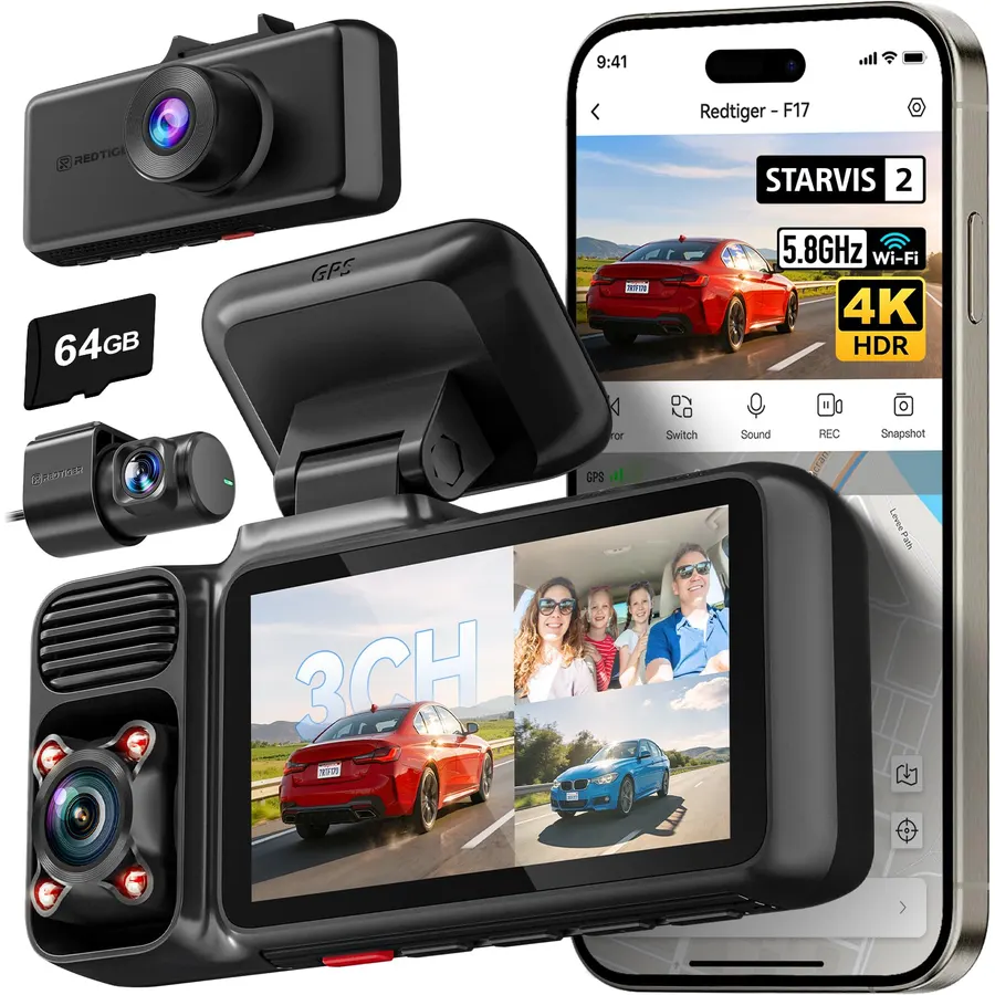 REDTIGER F17 4K 3CH Dash Cam, STARVIS 2 Sensor HDR, 64GB Card, 5.8GHz WiFi