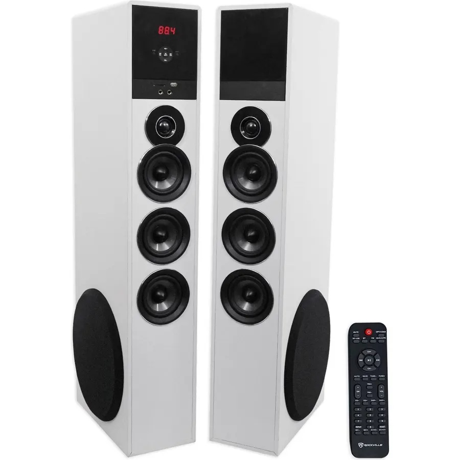Rockville TM80C Cherry Powered Home Theater Tower Speakers, Dual 8" Subs
